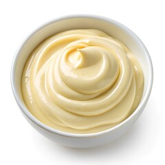 mayonnaise in a white bowl sliced toast bread isolated on white background