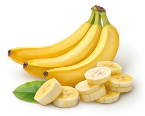 bananas with leaf and slices isolated on white background