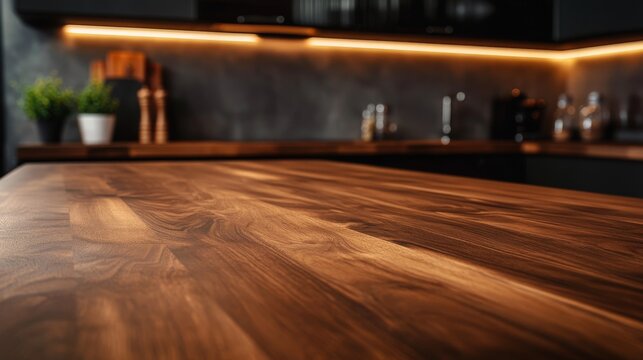 52.A wooden countertop with rich grain details at the center of a warm kitchen, complemented by soft lighting and subtle decorative elements in the background.