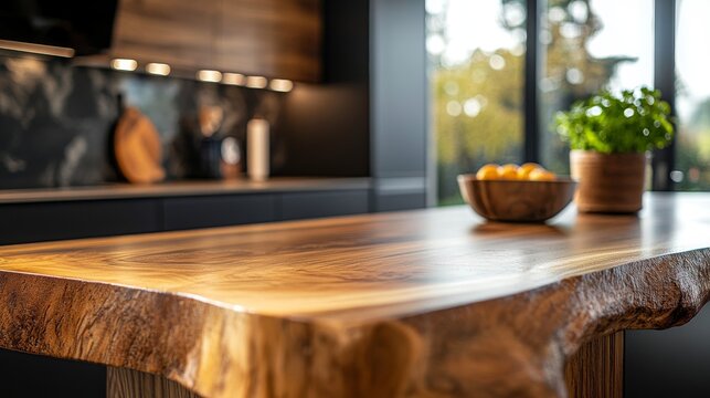 52.A wooden countertop with rich grain details at the center of a warm kitchen, complemented by soft lighting and subtle decorative elements in the background.