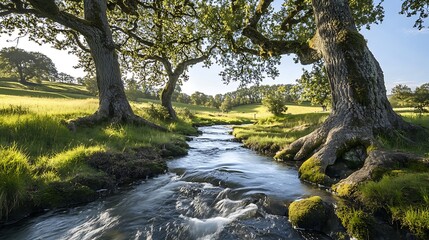 A tranquil glade with ancient oak trees their roots twisting around a sparkling stream