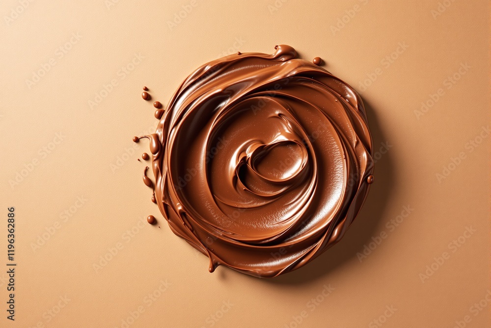 Poster abstract swirl of glossy chocolate on beige background.