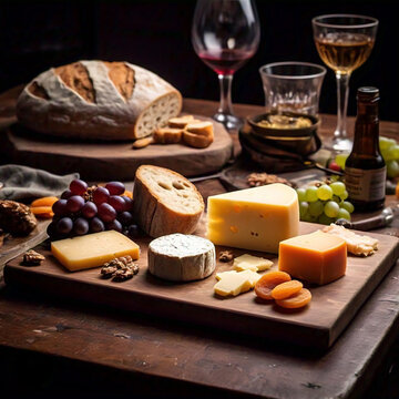 Tabla de quesos, pan y copas de vino 