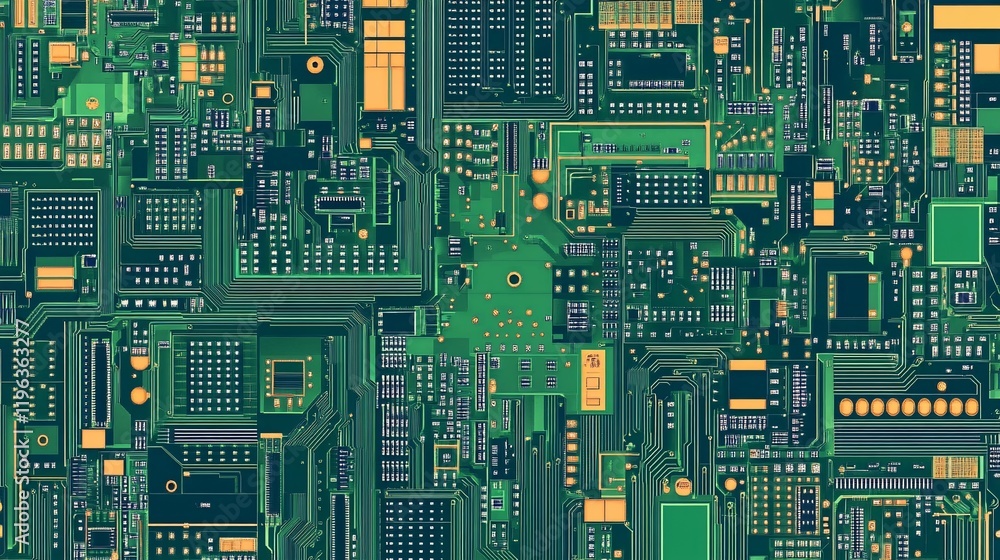 Poster intricate green circuit board: a microscopic view of technological complexity