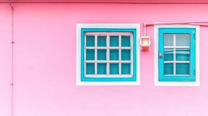 Charming pink house with blue door and windows, a cozy picturesque home