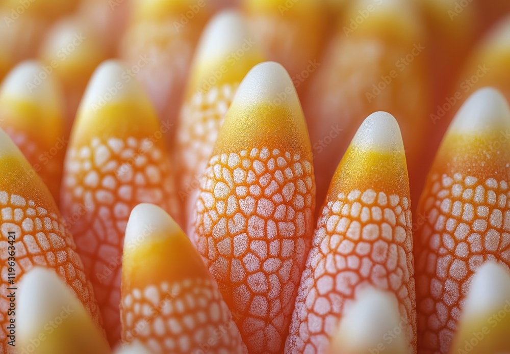 Poster close-up view of unique natural patterns in the shell of a sea creature, featuring vibrant orange an