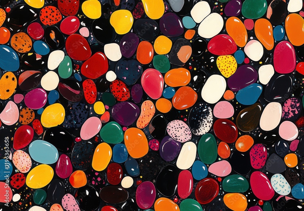 Poster colorful abstract pattern of various smooth pebbles and stones on a dark background, ideal for use i