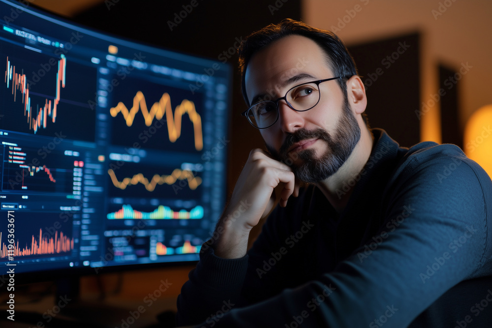 Poster man is sitting in front of two computer monitors, one of which is displaying a graph. he is wearing 