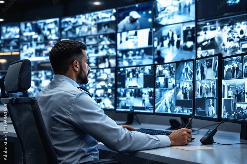 Poster security personnel monitoring multiple surveillance screens in a control room.