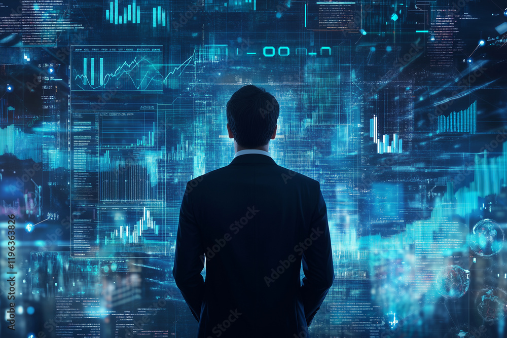 Poster man in a suit is looking at a computer screen with a lot of numbers and graphs. concept of focus and