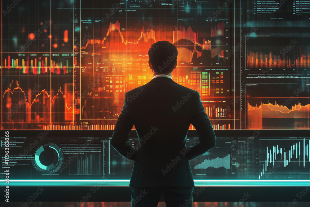 Poster man is looking at a computer screen with many graphs and numbers. he is wearing a suit and tie. scen