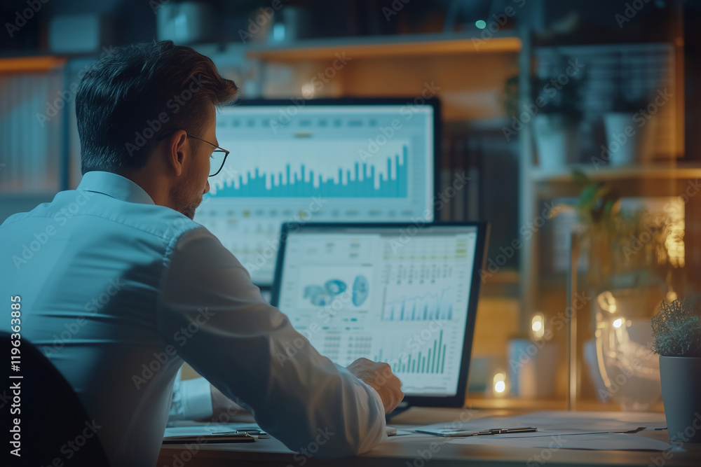Poster man is sitting at a desk with two computer monitors in front of him. he is wearing glasses and he is