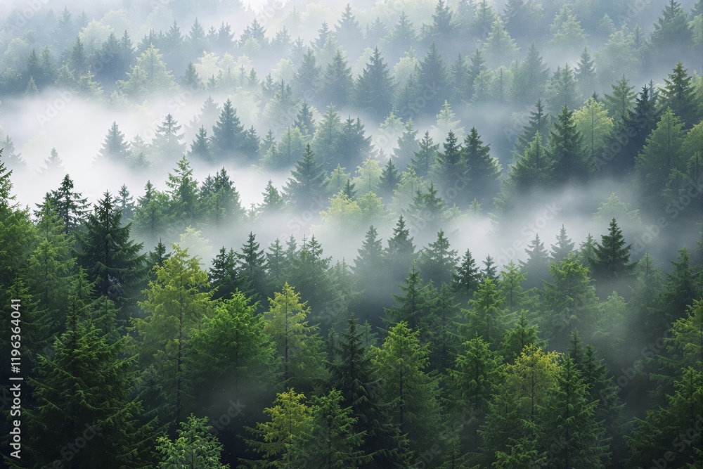 Aufkleber dense forest with vibrant green trees and mist filling the atmosphere.