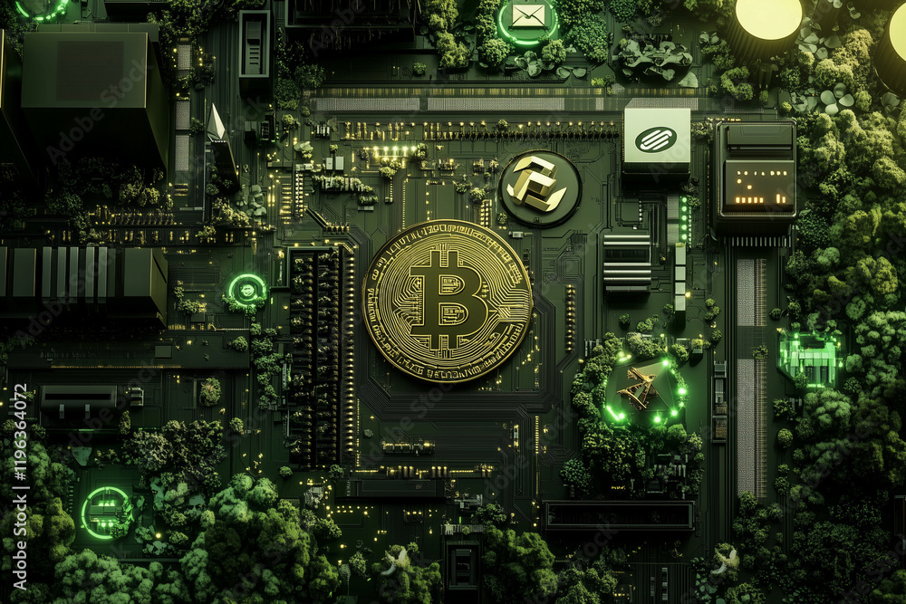 Poster computer chip with a gold coin on it that says b. the image has a futuristic and technological feel 
