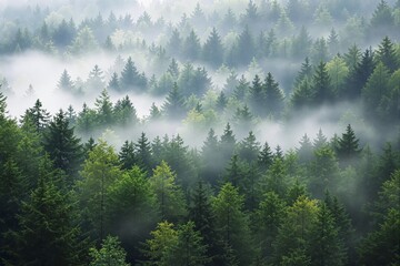 Dense forest with vibrant green trees and mist filling the atmosphere.