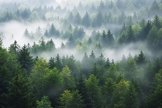 Dense forest with vibrant green trees and mist filling the atmosphere.