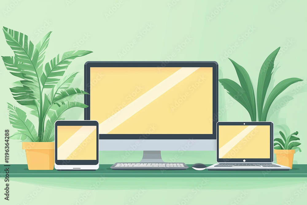 Poster three computer monitors and two laptops sit on a desk with potted plants in the background. concept 