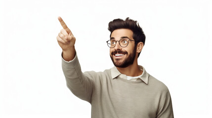 Fototapeta premium A man with an excited expression, pointing his finger upwards and appearing to have an idea.