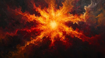 Fototapeta premium 92.A vivid explosion of fiery reds and glowing yellows bursting outward from a dark center, surrounded by thick swirling smoke and intense heat radiating from the scene.