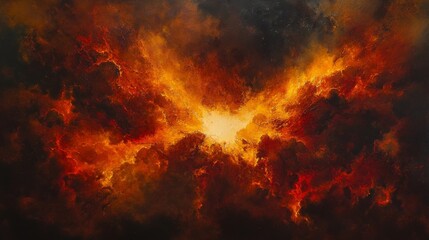 92.A vivid explosion of fiery reds and glowing yellows bursting outward from a dark center, surrounded by thick swirling smoke and intense heat radiating from the scene.