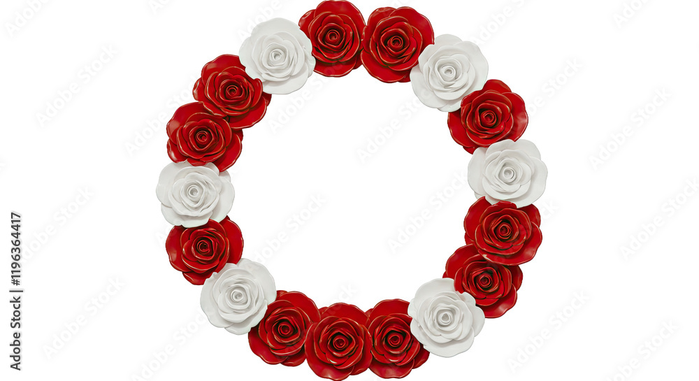 Poster circular frame with a border made of intricately sculpted roses in alternating red and white hues.