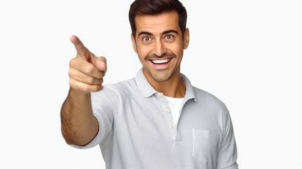 Fototapeta premium A man with an excited expression, pointing his finger upwards and appearing to have an idea.