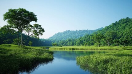 Tranquil Lake and Mountain Landscape