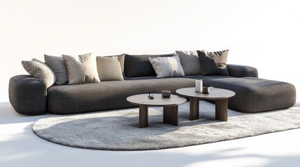 106.A stylish 3D-rendered furniture set, including a contemporary dark gray sofa, a soft shaggy rug, and two contrasting coffee tables, highlighted by sharp shadows on a white surface.