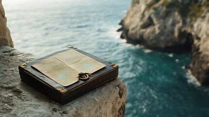 A vintage lock with a folded map on a stone windowsill overlooking the ocean