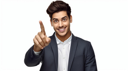 A man with an excited expression, pointing his finger upwards and appearing to have an idea.