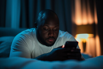 man is lying on a bed and looking at his cell phone at night.  Concept of relaxation and leisure, as the man is not engaged in any other activity