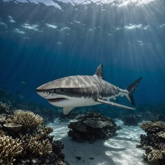 Fototapeta premium A serene depiction of a great white shark swimming near a coral reef, isolated on white.