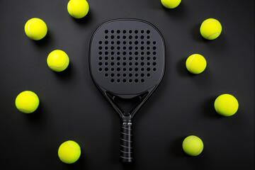 Black padel racket with perforated surface placed among vibrant yellow tennis balls on black background. Minimalist sports concept.