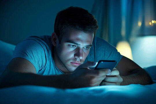 man is lying on a bed and looking at his cell phone at night. He is sad or upset