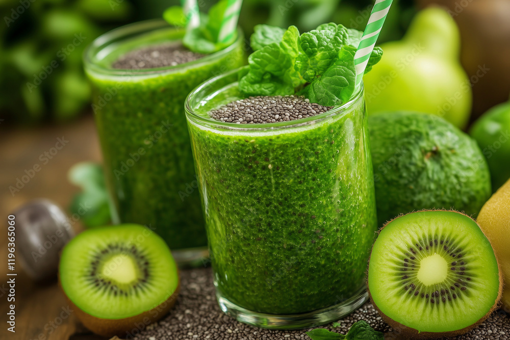 Poster two glasses of green juice with a slice of kiwi on the table. the juice is made with spinach and min