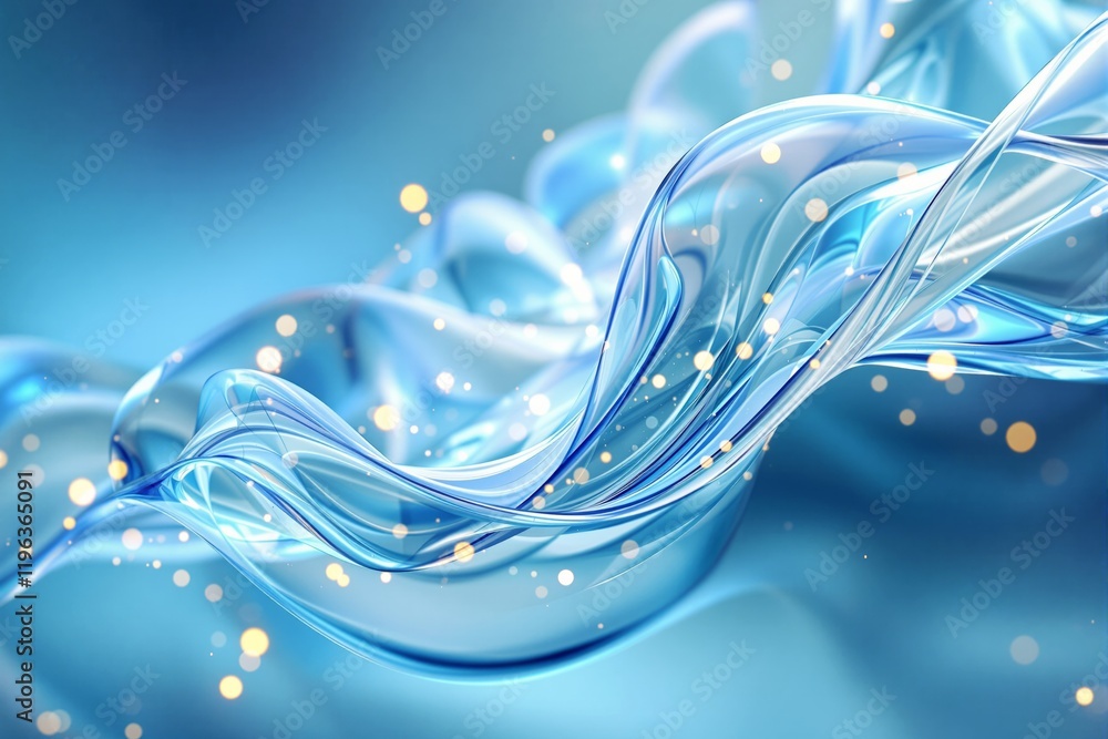 Poster Abstract blue wavy background with glowing light particles and soft fluid design.