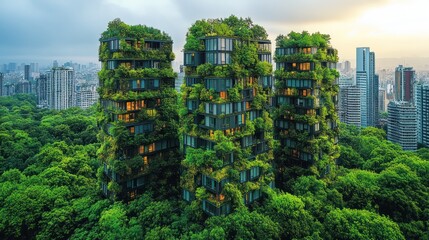 Obraz premium Eco-city towers sunset, green urban landscape