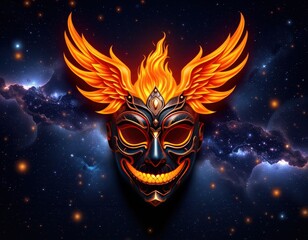 Colorful mythical mask with flaming wings set against a cosmic background at night
