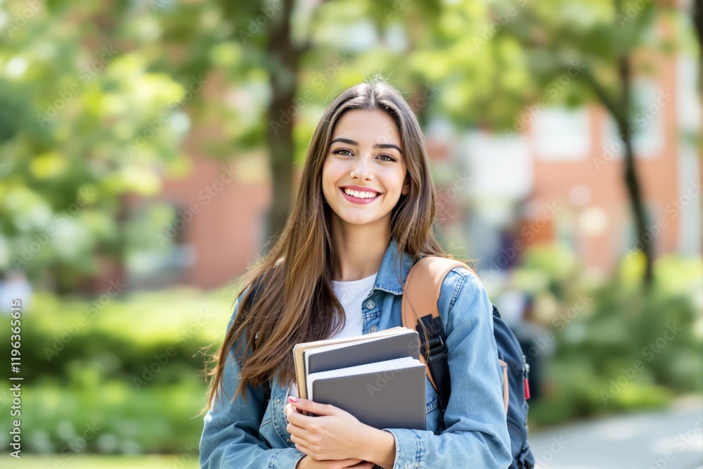 Poster smiling student holding books on a campus background.