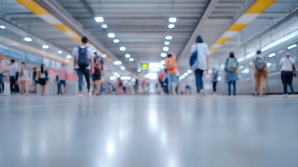 A busy urban transit station with people walking, showcasing a modern interior and a bustling atmosphere.