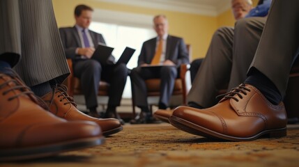 Fototapeta premium A group of professionals engaged in discussion, with a focus on polished brown shoes and formal attire, suggesting a business meeting atmosphere.