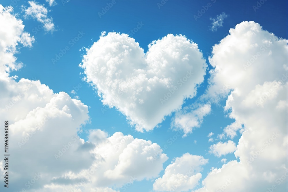 Poster heart-shaped cloud floating in a bright blue sky with fluffy white clouds in the background.