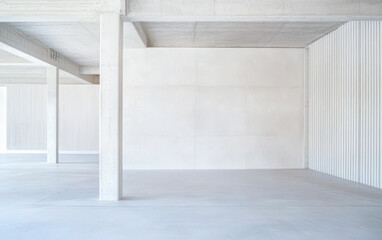 Obraz premium Minimalist interior space with concrete pillars and textured walls in bright light