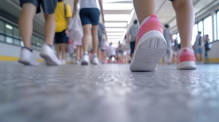 Fototapeta premium A close-up view of a sneaker on a walkway, surrounded by people walking, highlighting movement and urban life.