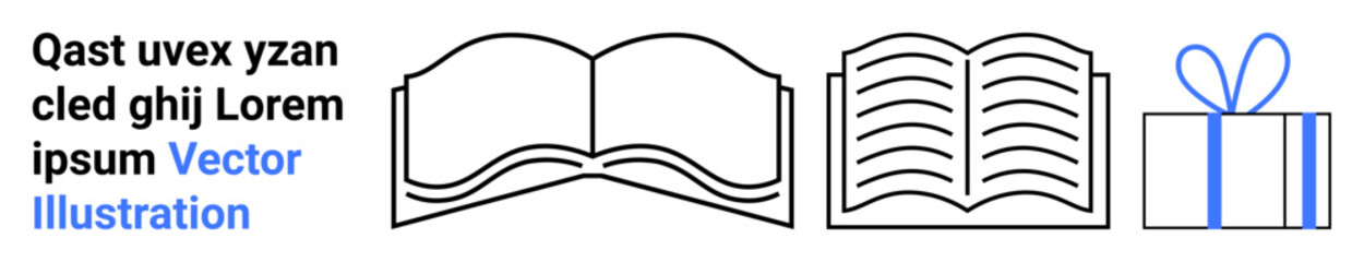 Black outline icons of an open book, closed book, and gift box with ribbon beside placeholder text. Ideal for education, reading, learning, gifts, publishing literature holidays. Landing page