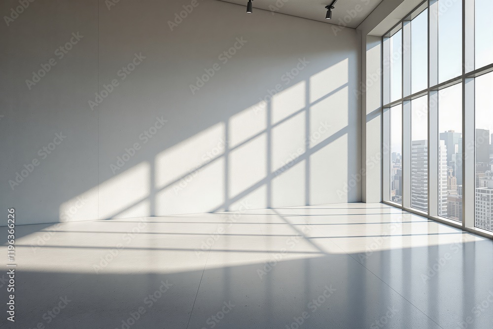 Poster empty modern room with large window and city view in daylight.