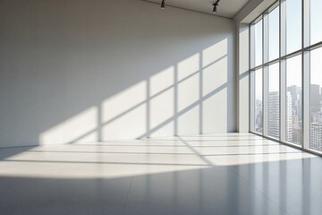 Empty modern room with large window and city view in daylight.