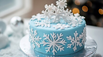 A winter wonderland cake with snowflakes and an icy blue palette
