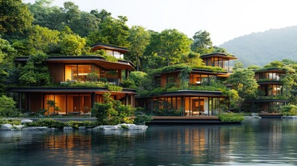 Obraz premium Eco-resort lake houses, lush forest, sunset, luxury