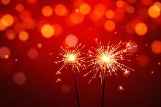 Two sparklers with bright sparks on a red bokeh background.